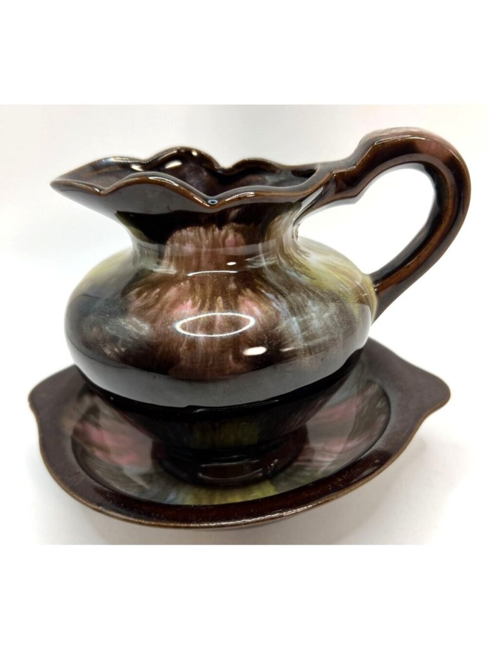Redware Brown Drip Glaze Small Pitcher & Bowl Set With Multicolor Accents